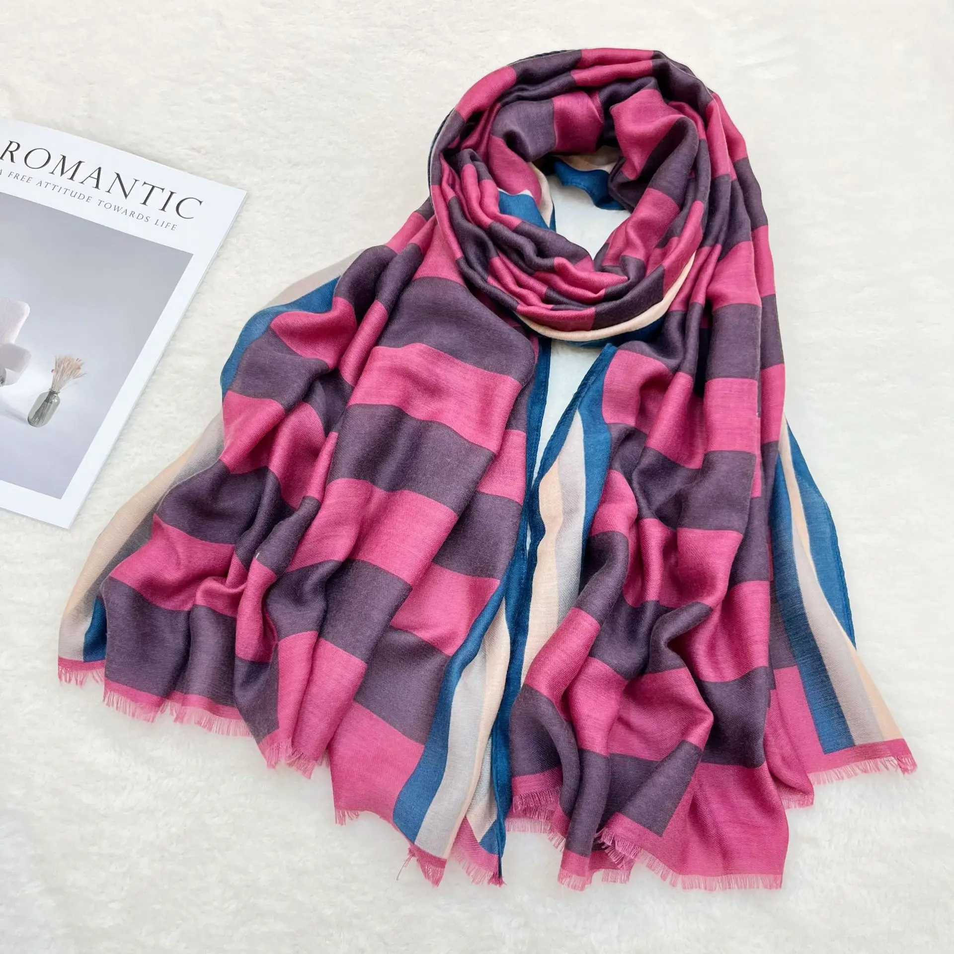 Black White Striped Women's Shawl Winter Silk Long Gauze