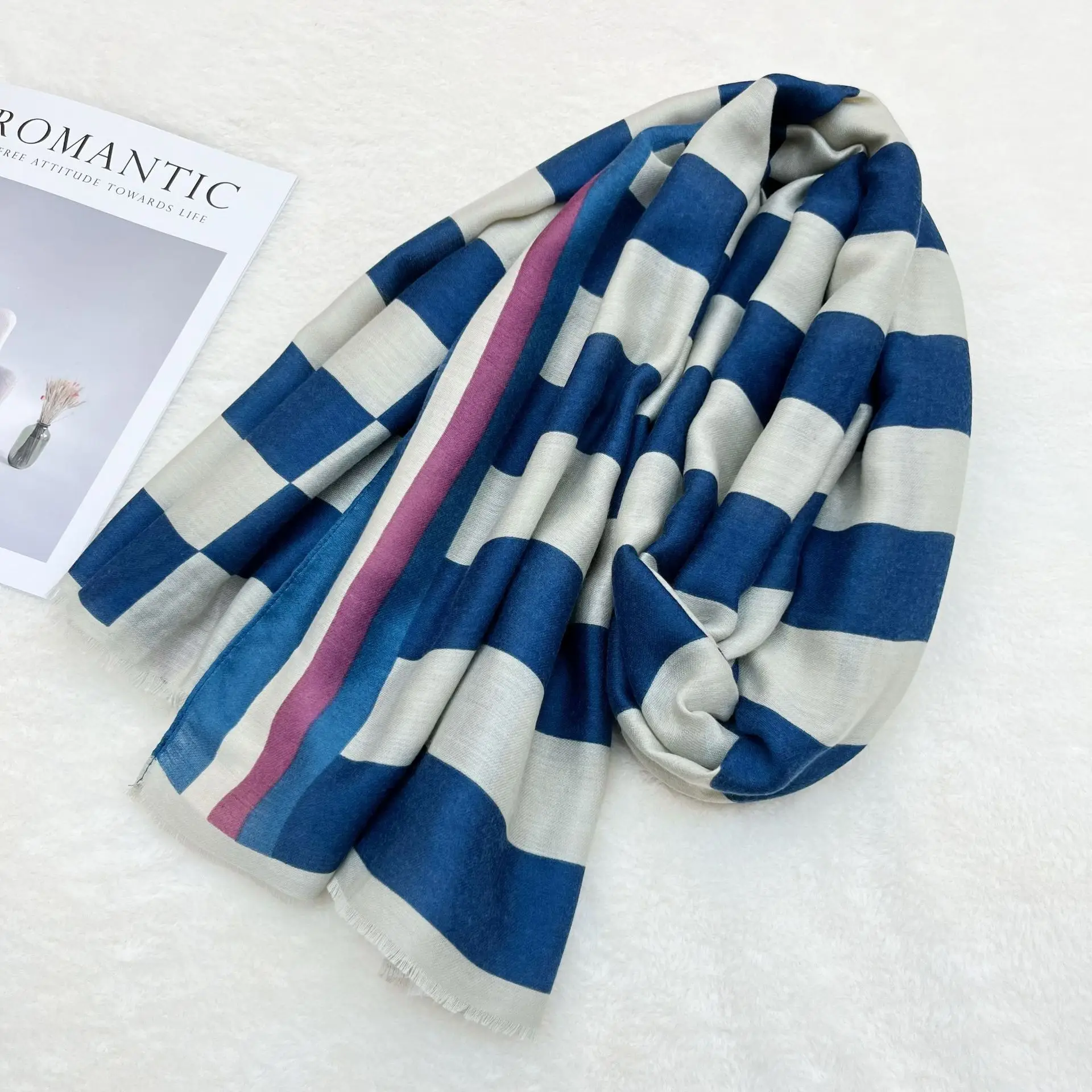 Black White Striped Women's Shawl Winter Silk Long Gauze — feature 15