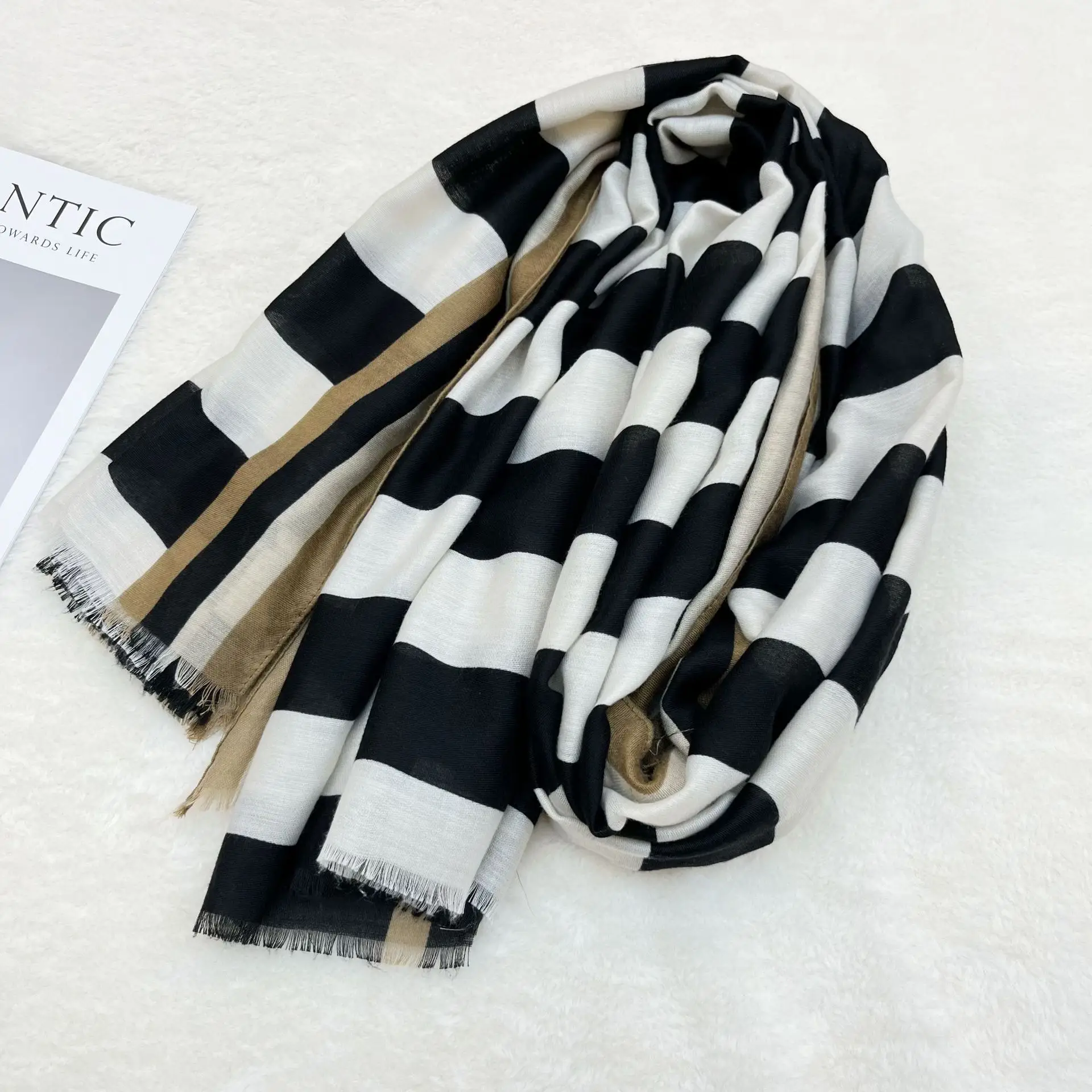 Black White Striped Women's Shawl Winter Silk Long Gauze — feature 3