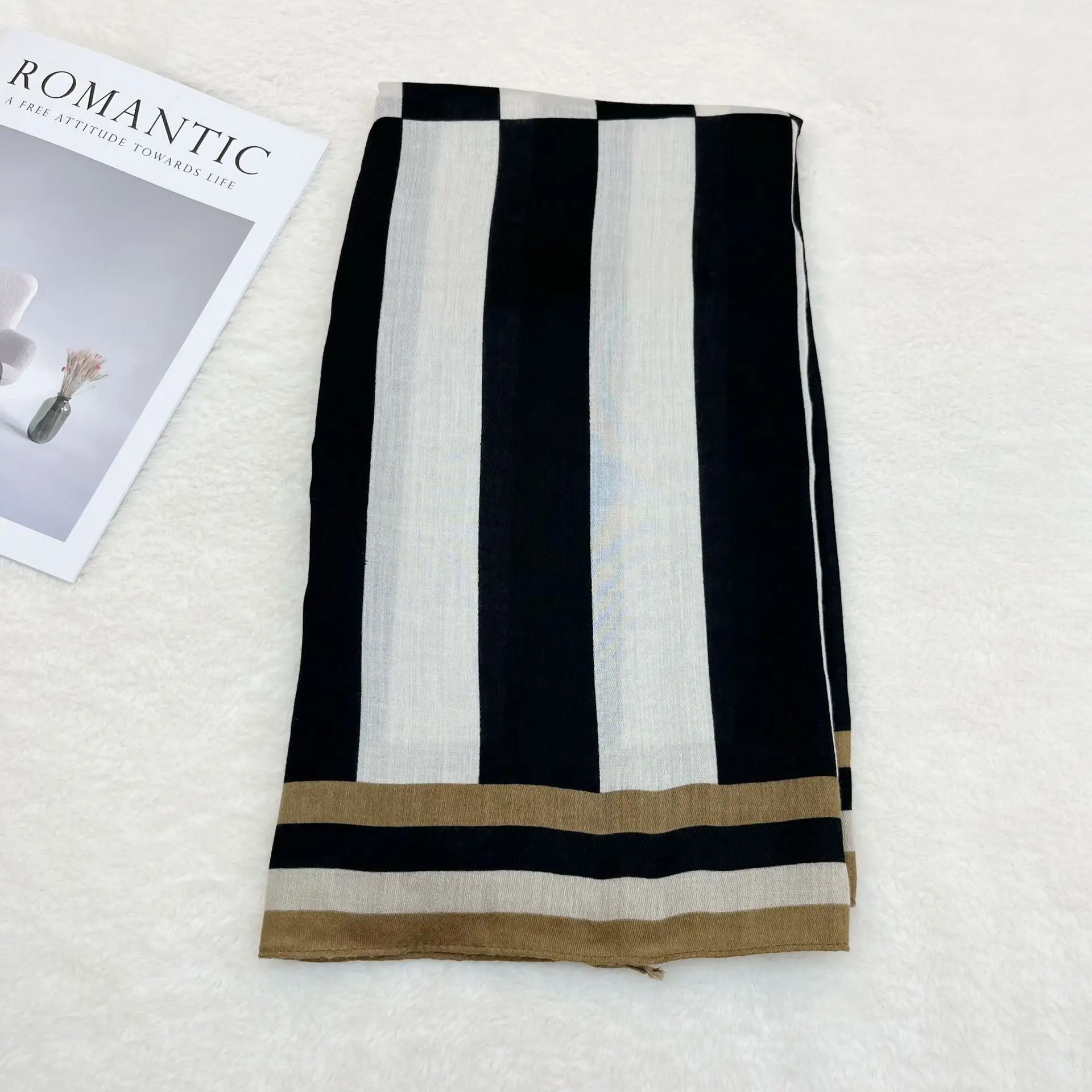 Black White Striped Women's Shawl Winter Silk Long Gauze — feature 4