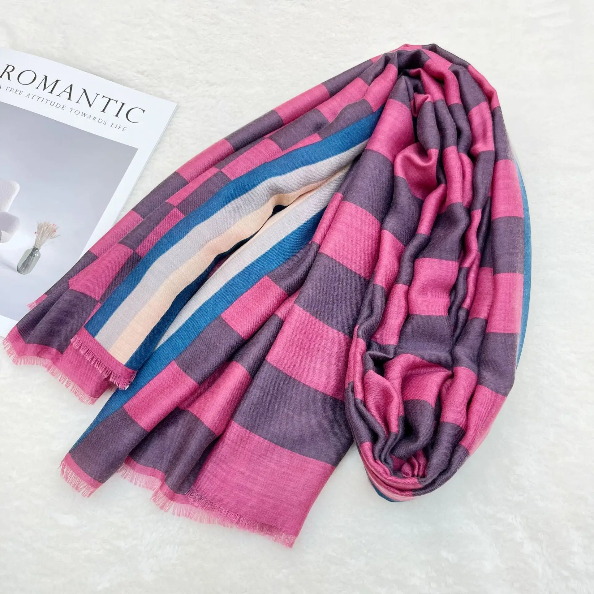 Black White Striped Women's Shawl Winter Silk Long Gauze — feature 9