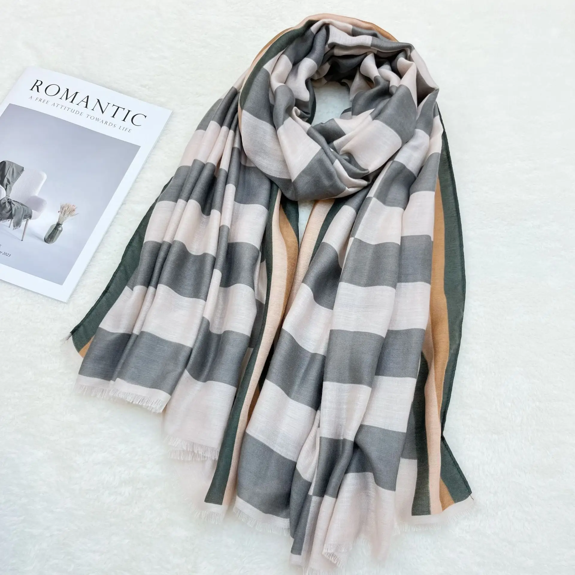 Black White Striped Women's Shawl Winter Silk Long Gauze