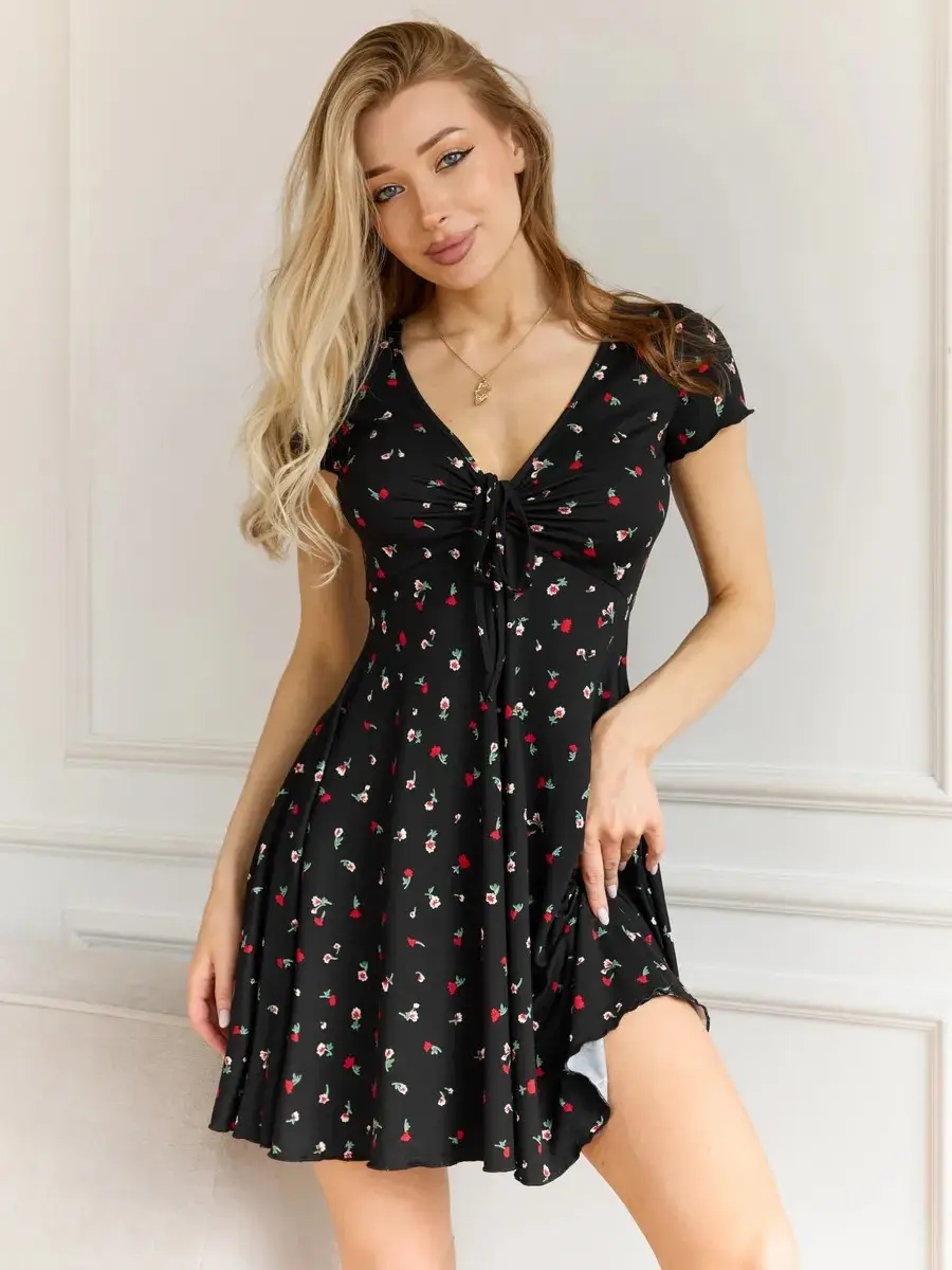 Black V-Neck Ruffle Dress for Women - Image 7
