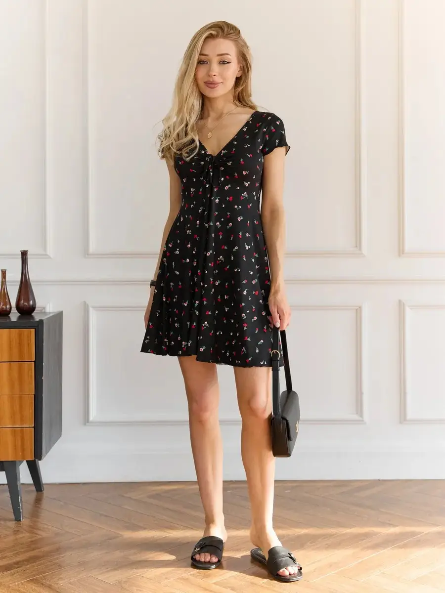 Black V-Neck Ruffle Dress for Women — feature 34