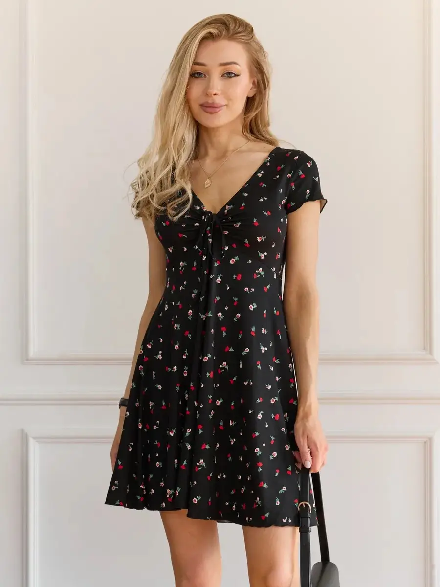 Black V-Neck Ruffle Dress for Women — feature 35