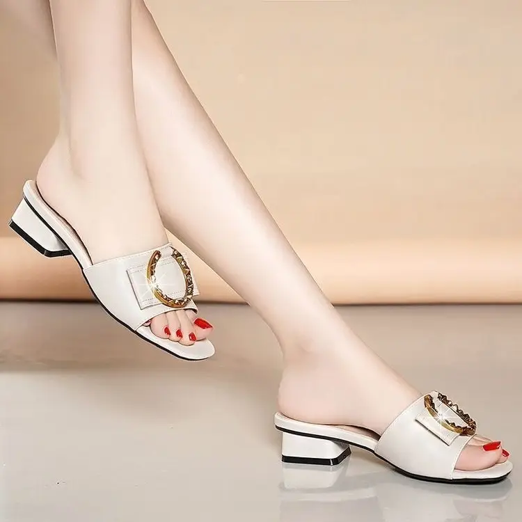 Women's White Rhinestone Heel Slippers Mid-Heel Summer - Image 5