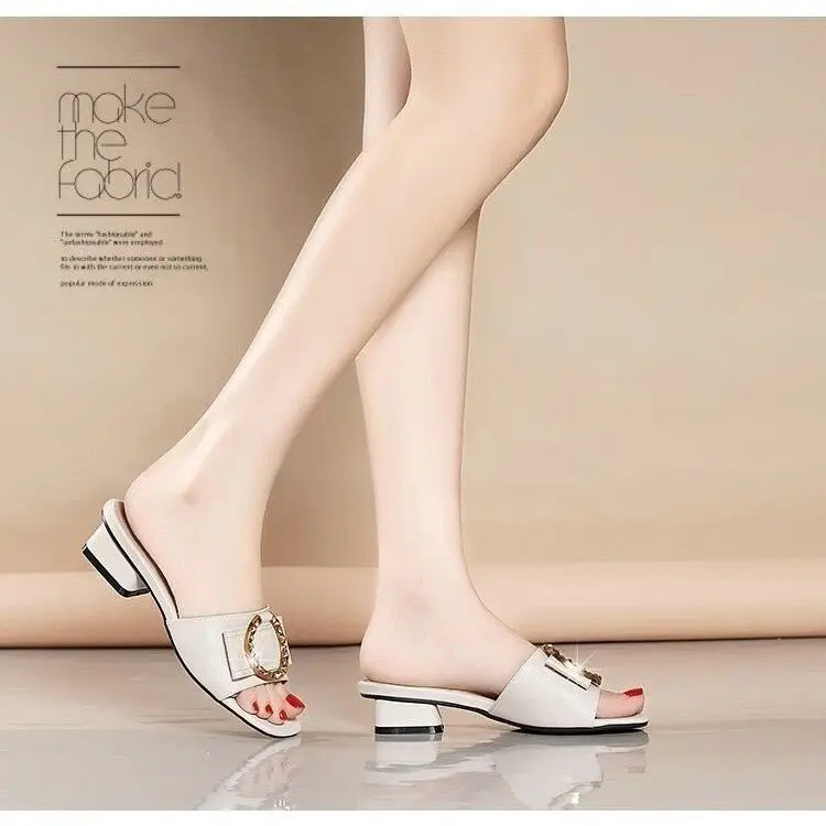 Women's White Rhinestone Heel Slippers Mid-Heel Summer — feature 4