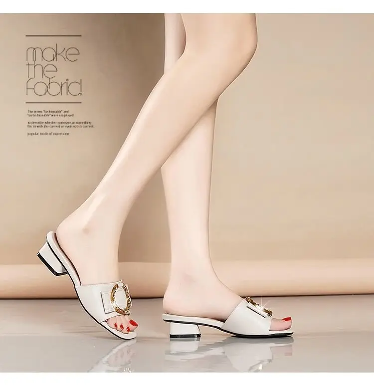 Women's White Rhinestone Heel Slippers Mid-Heel Summer — feature 7