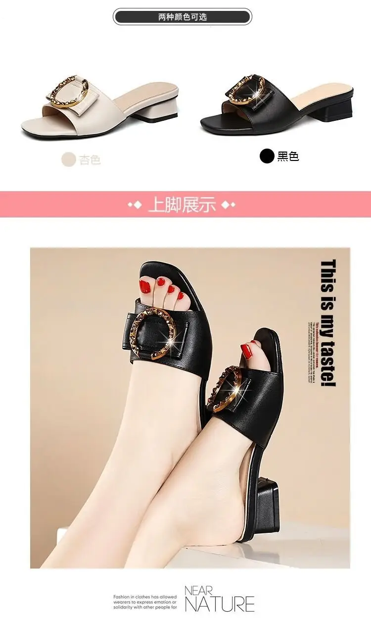 Women's White Rhinestone Heel Slippers Mid-Heel Summer — feature 9