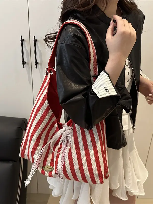 Striped Canvas Tote Bag Red White Double Sided 2024 - Image 4
