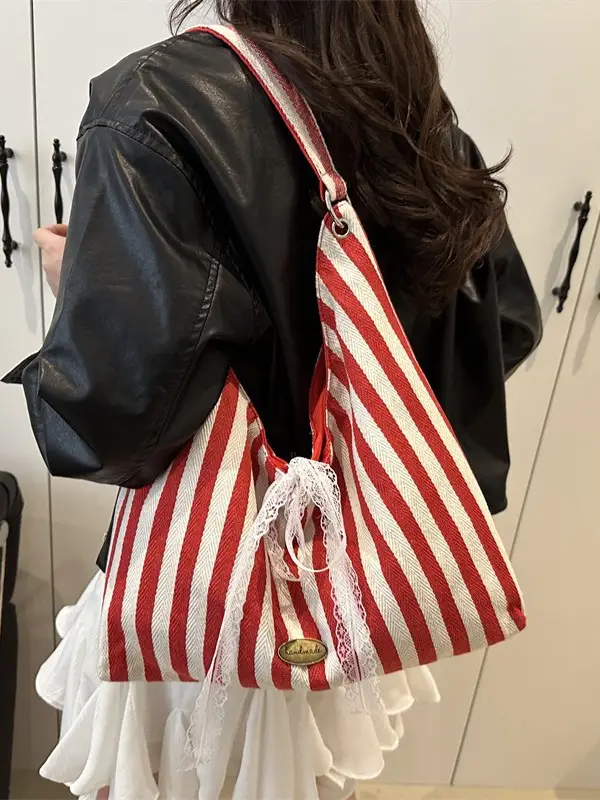 Striped Canvas Tote Bag Red White Double Sided 2024 - Image 5
