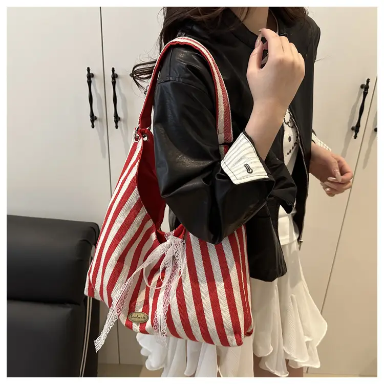Striped Canvas Tote Bag Red White Double Sided 2024 — feature 7