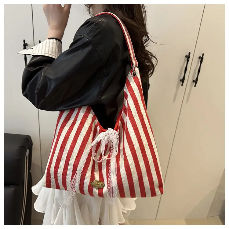 Striped Canvas Tote Bag Red White Double Sided 2024 — feature 8