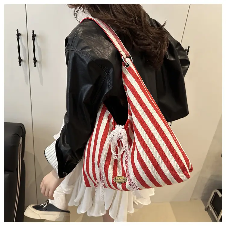 Striped Canvas Tote Bag Red White Double Sided 2024 — feature 9