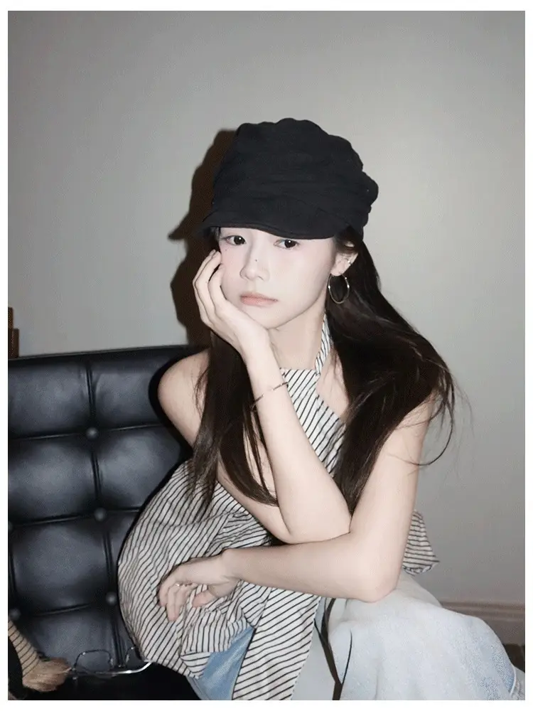 Women Black Cotton Linen Cap Spring Summer Forward — feature 4