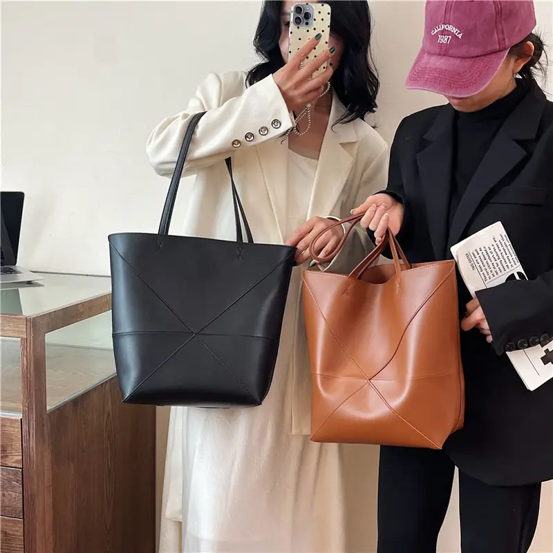Cross-Border Geometric Large Tote Bag Black Brown Leather - Image 6