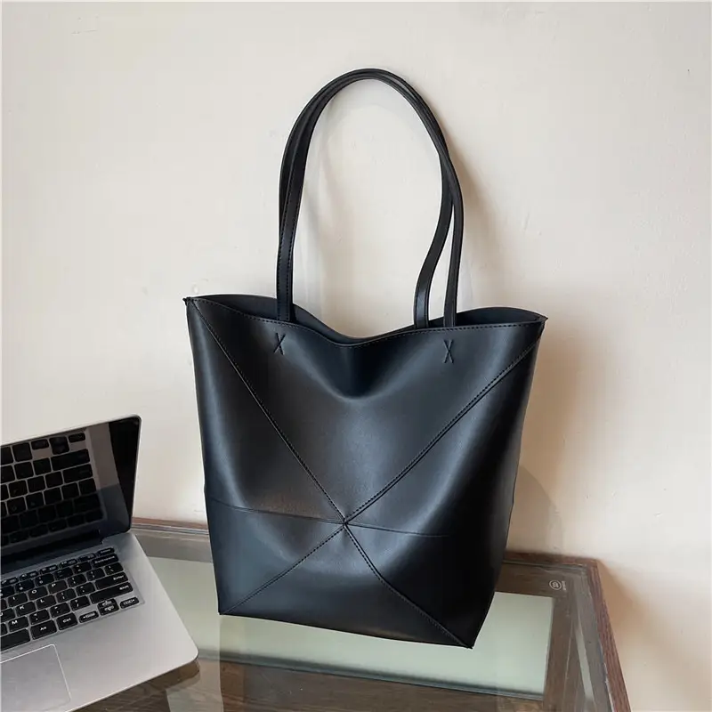 Cross-Border Geometric Large Tote Bag Black Brown Leather - Image 7