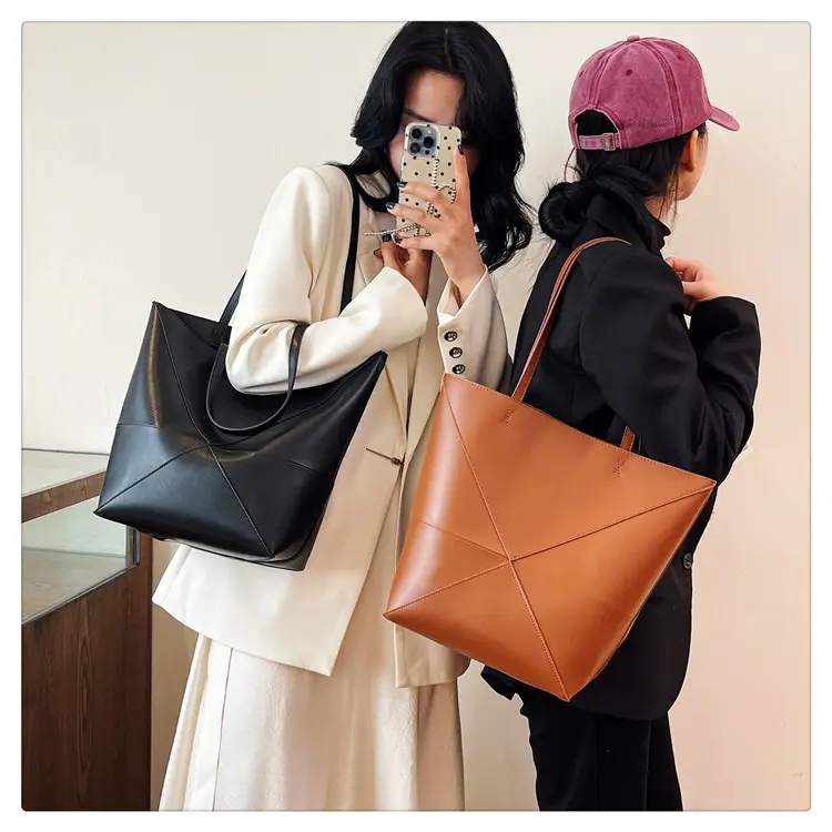 Cross-Border Geometric Large Tote Bag Black Brown Leather — feature 15