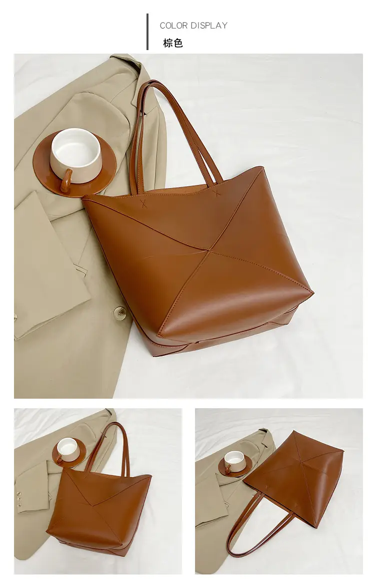 Cross-Border Geometric Large Tote Bag Black Brown Leather — feature 7