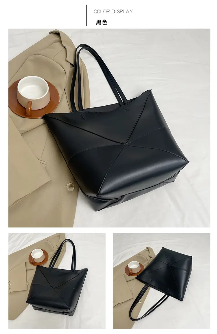 Cross-Border Geometric Large Tote Bag Black Brown Leather — feature 8