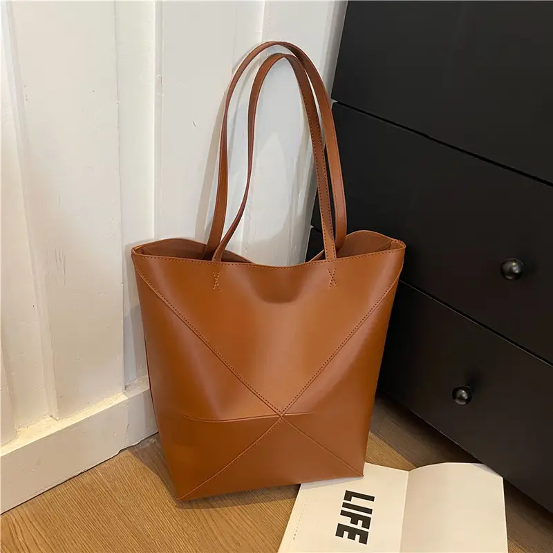 Cross-Border Geometric Large Tote Bag Black Brown Leather - Image 2