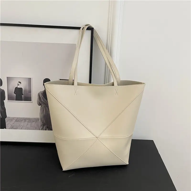 Cross-Border Geometric Large Tote Bag Black Brown Leather - Image 3