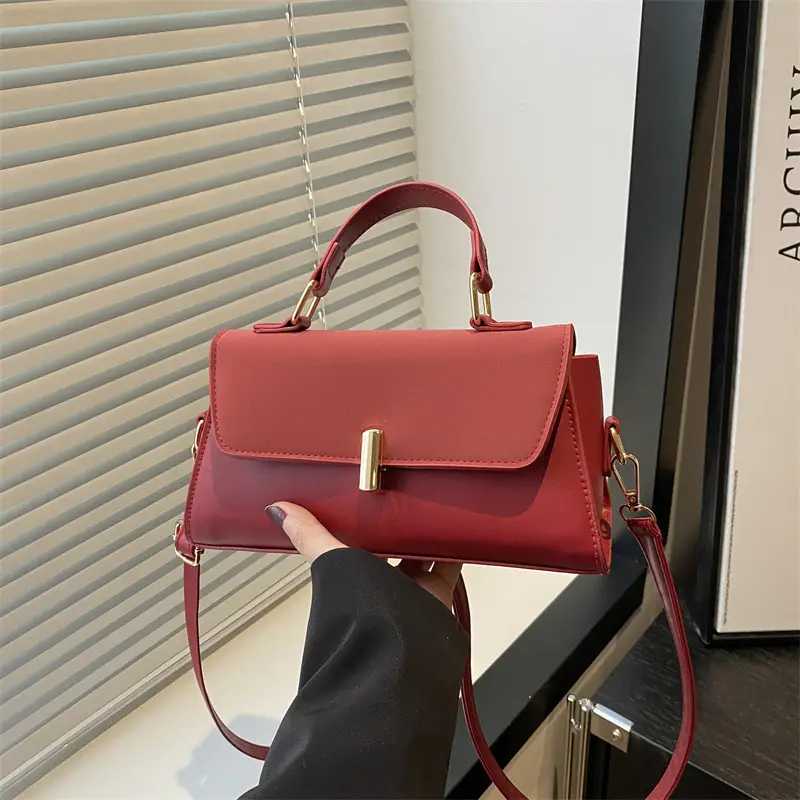 Red Textured Women's Crossbody Bag with Gold Clasp - Image 5