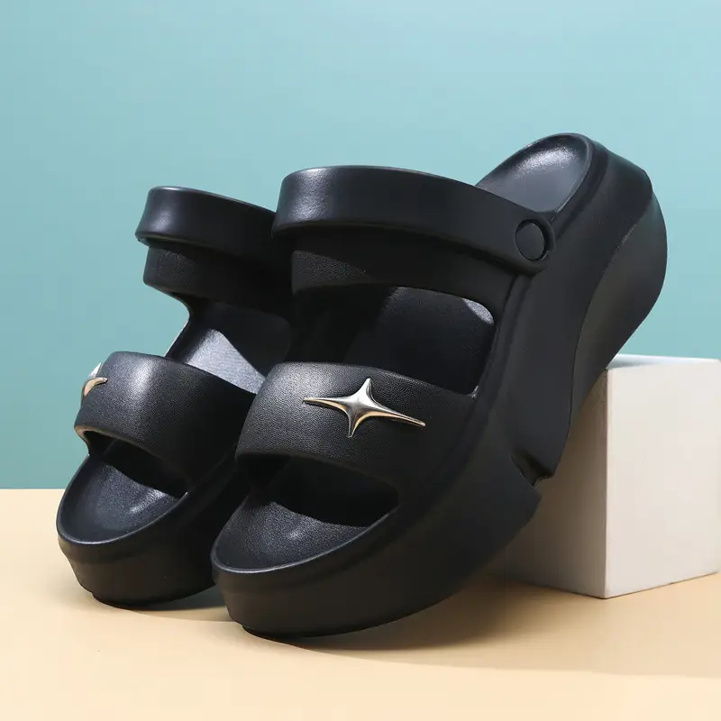 Women's Black Double Strap Thick Slippers Summer - Image 6