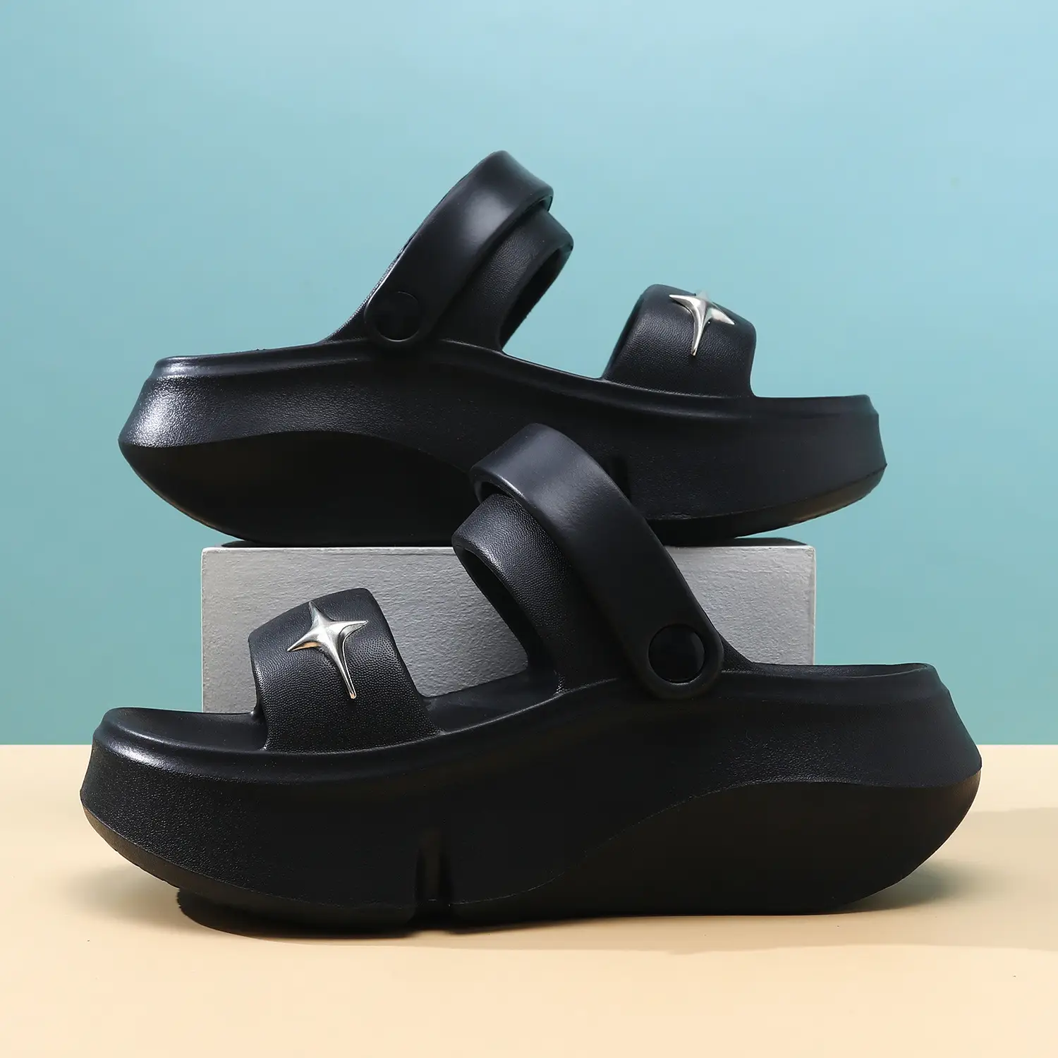 Women's Black Double Strap Thick Slippers Summer - Image 2