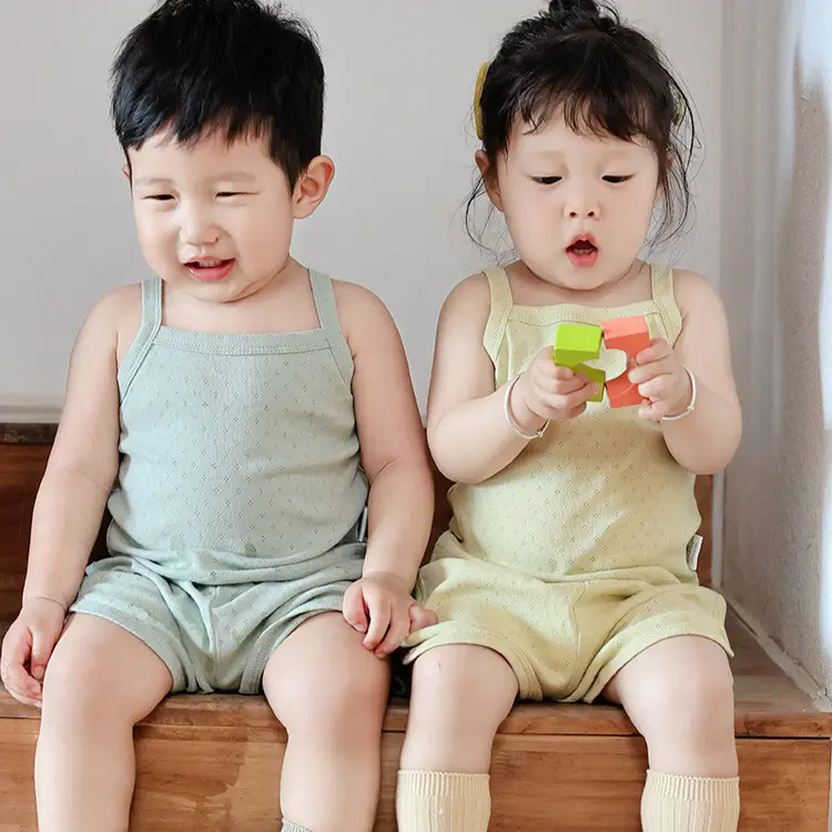Baby Pajamas Summer Pure Cotton Type a Kidsren's Home Clothes Korean Pure Cotton Baby Sling Set Thin Girls Sleeping