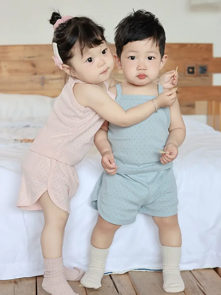 Baby Pajamas Summer Pure Cotton Type a Kidsren's Home Clothes Korean Pure Cotton Baby Sling Set Thin Girls Sleeping — feature 23