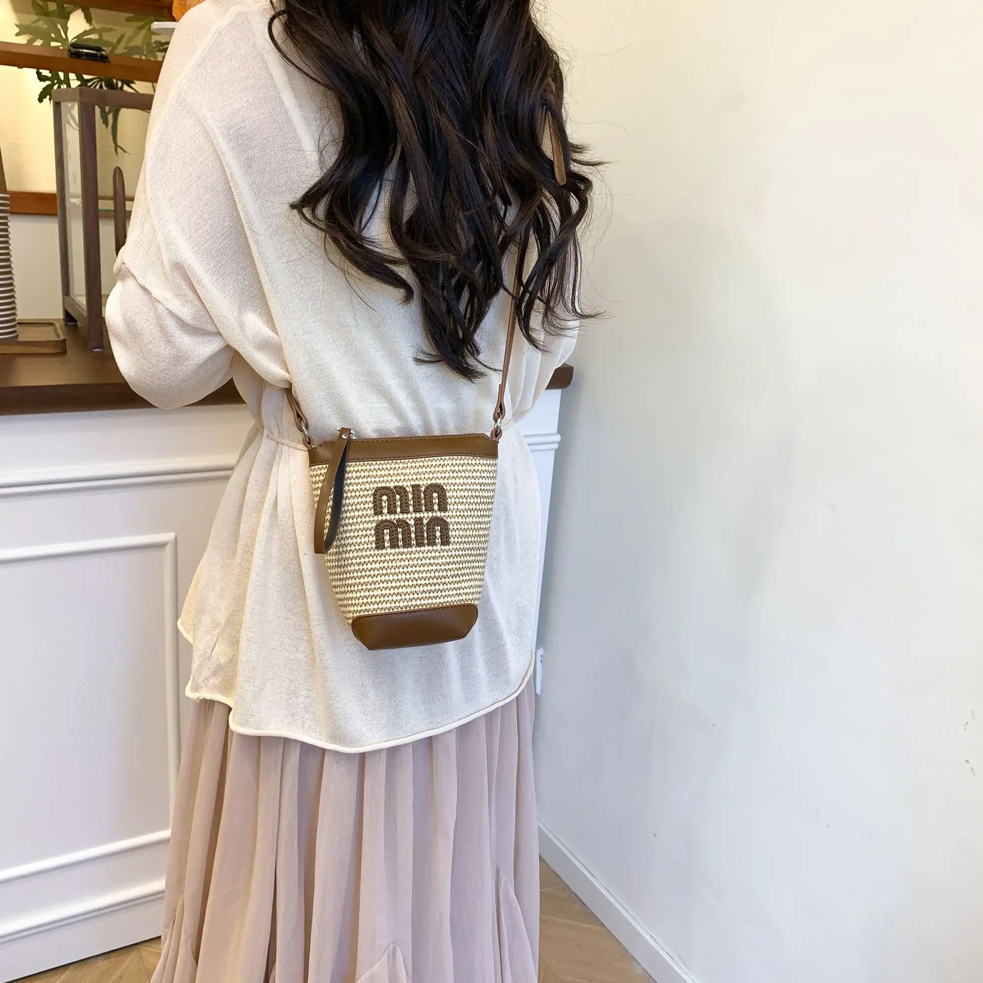 Women's Straw Mobile Phone Bag with Monogram Print - Image 4