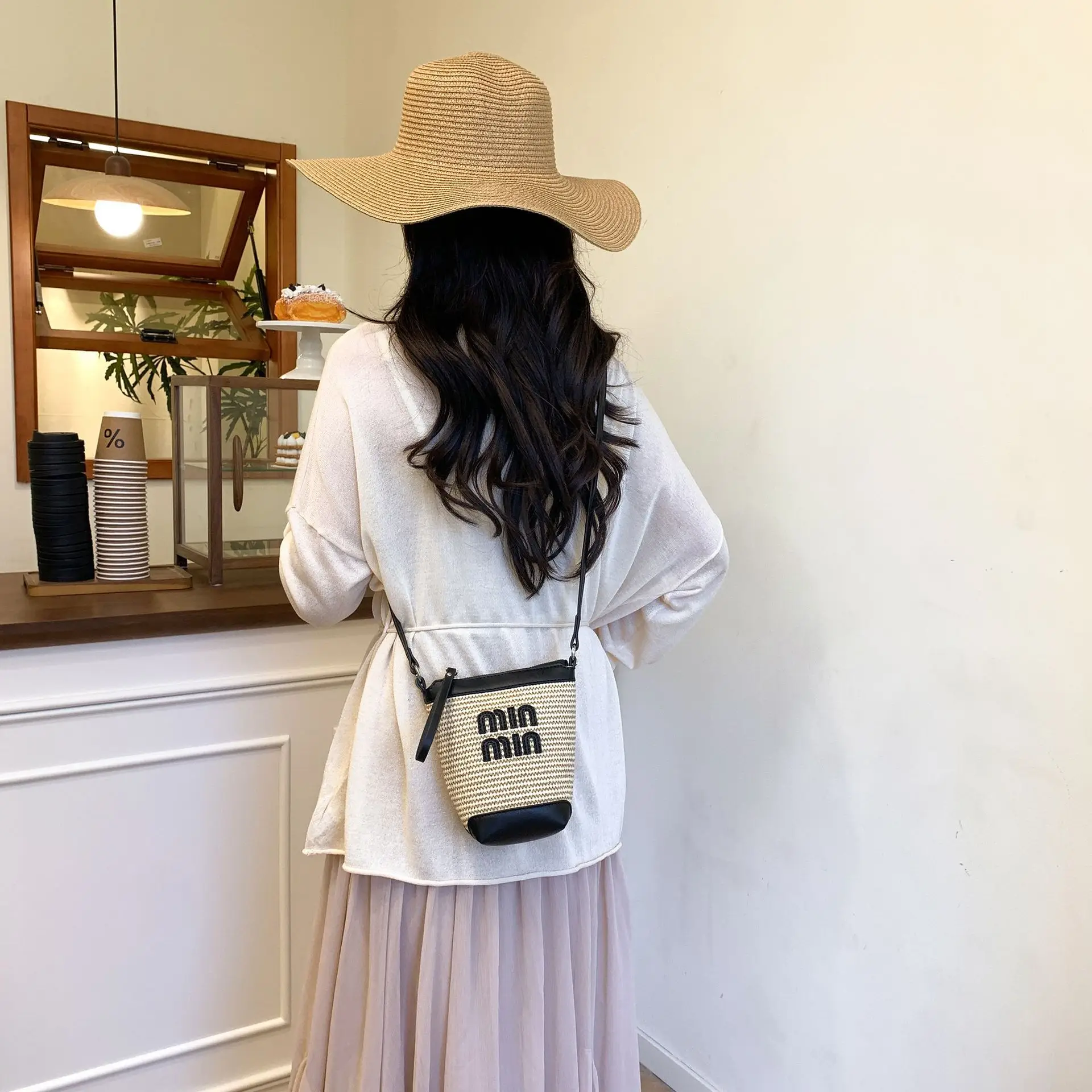 Women's Straw Mobile Phone Bag with Monogram Print - Image 5