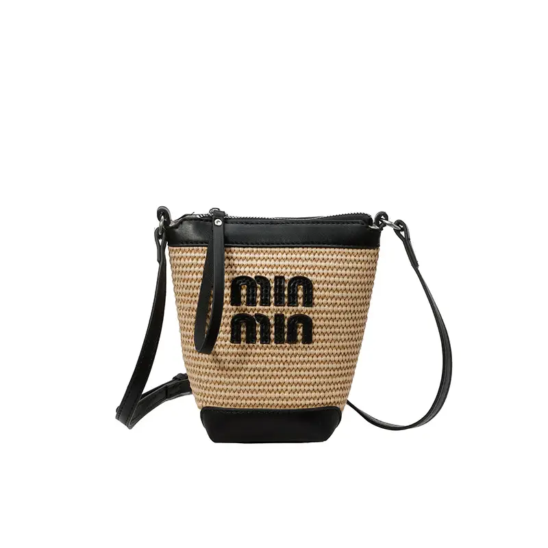 Women's Straw Mobile Phone Bag with Monogram Print - Image 7