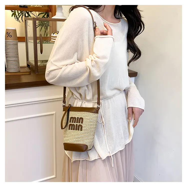 Women's Straw Mobile Phone Bag with Monogram Print — feature 14