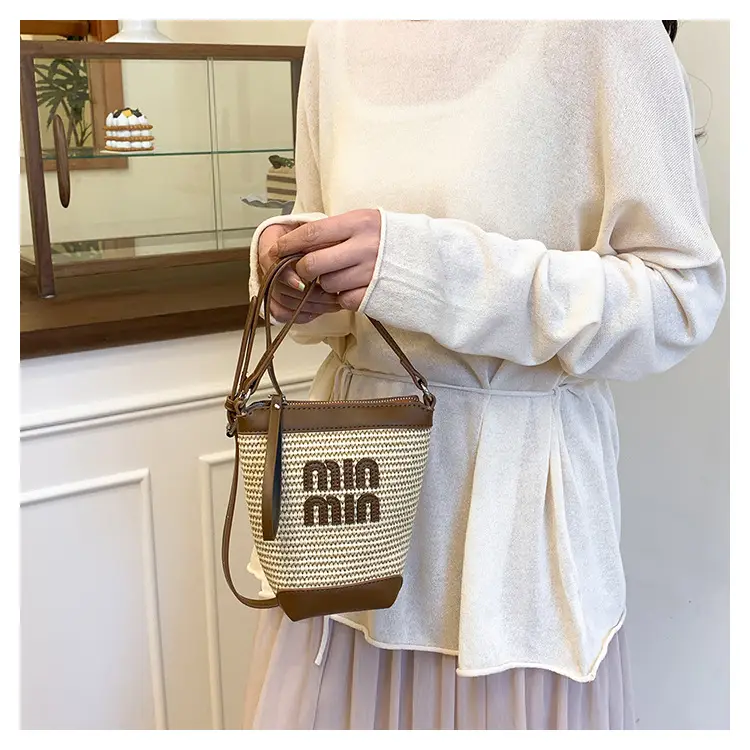 Women's Straw Mobile Phone Bag with Monogram Print — feature 15