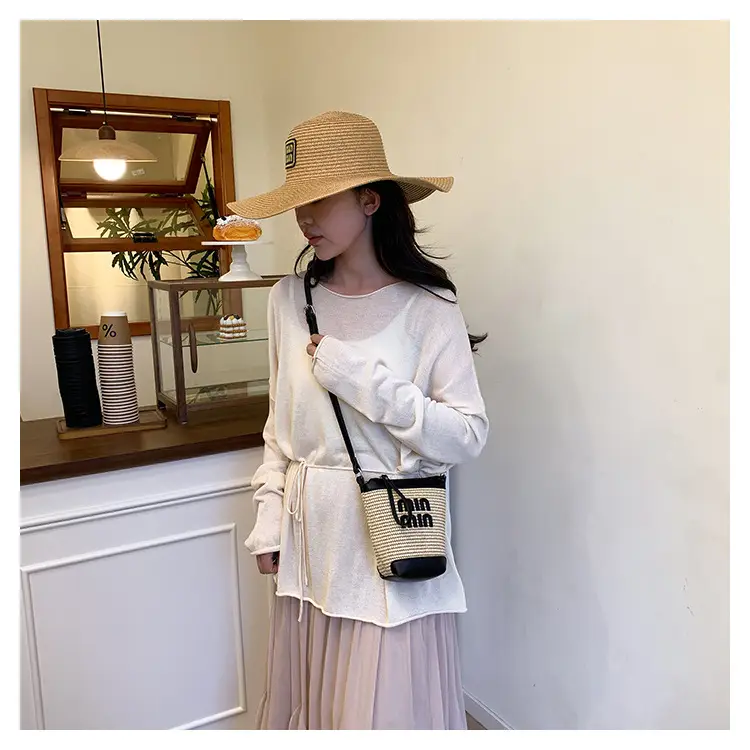 Women's Straw Mobile Phone Bag with Monogram Print — feature 16