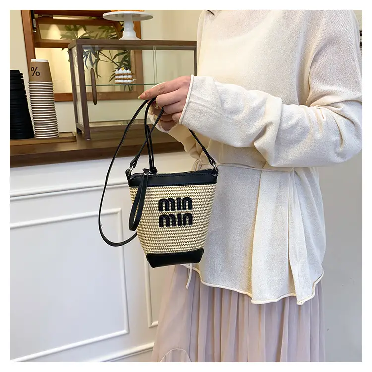 Women's Straw Mobile Phone Bag with Monogram Print — feature 19