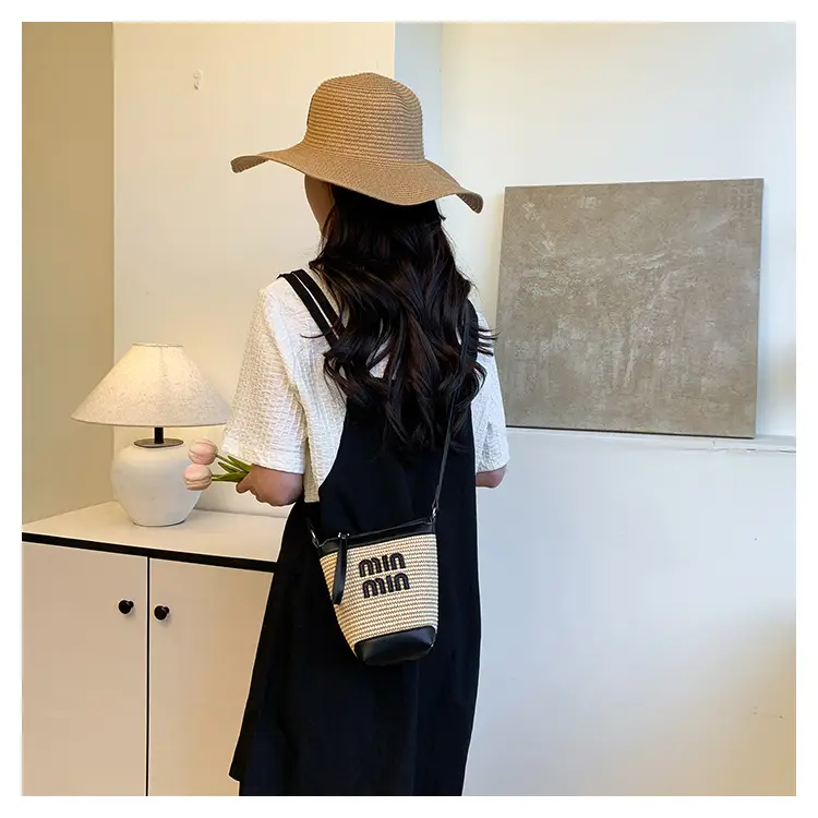 Women's Straw Mobile Phone Bag with Monogram Print — feature 27