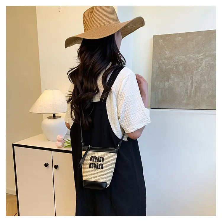 Women's Straw Mobile Phone Bag with Monogram Print — feature 28