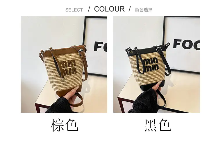 Women's Straw Mobile Phone Bag with Monogram Print — feature 3