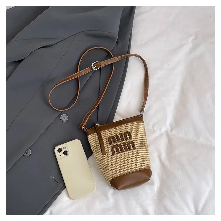 Women's Straw Mobile Phone Bag with Monogram Print — feature 34