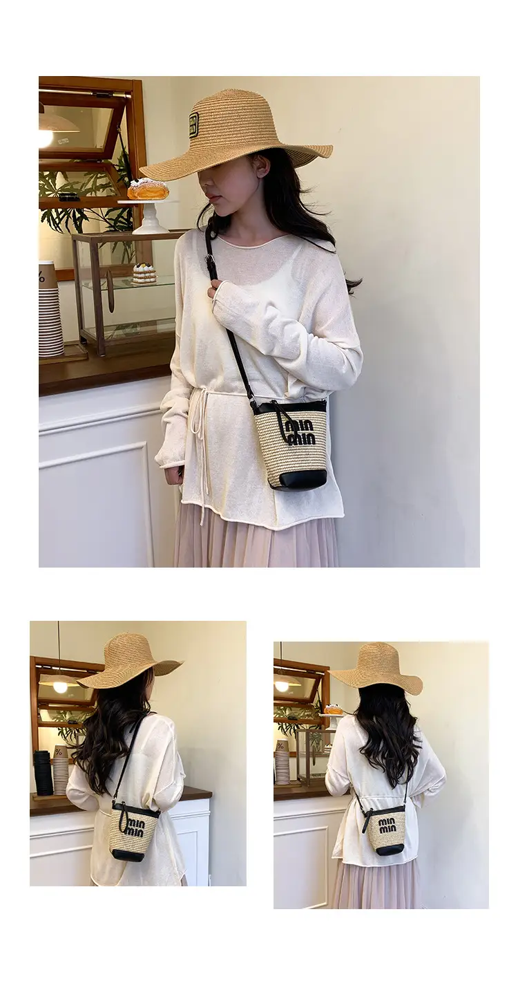 Women's Straw Mobile Phone Bag with Monogram Print — feature 8