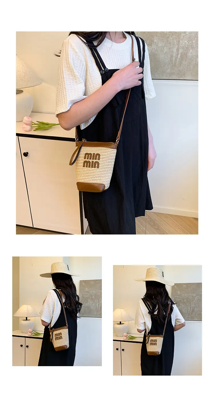 Women's Straw Mobile Phone Bag with Monogram Print — feature 9
