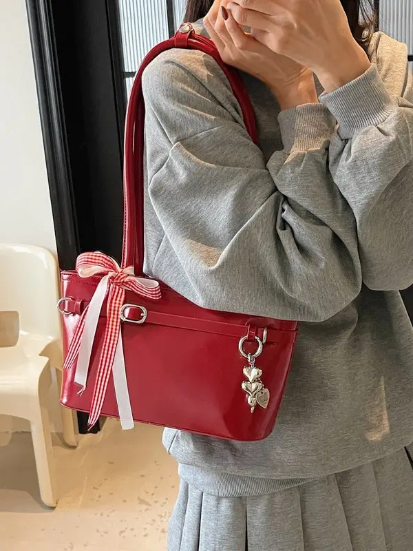 Women's Beige One-shoulder Handbag with Ribbon - Image 7