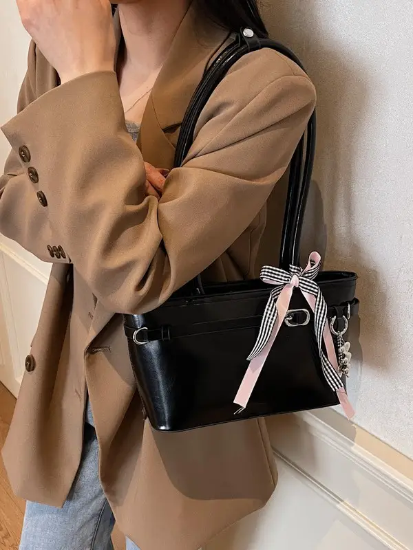 Women's Beige One-shoulder Handbag with Ribbon - Image 8