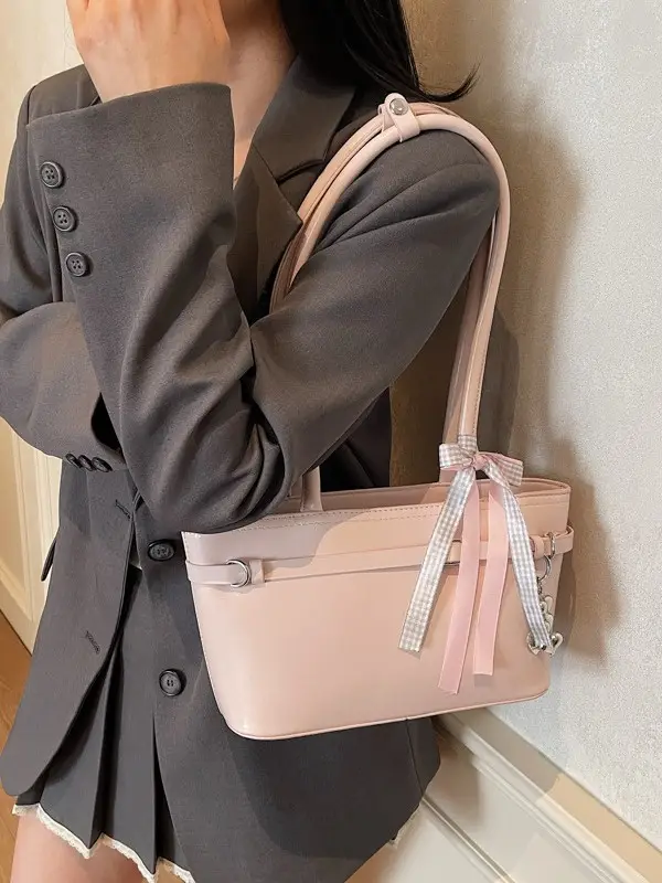 Women's Beige One-shoulder Handbag with Ribbon - Image 9
