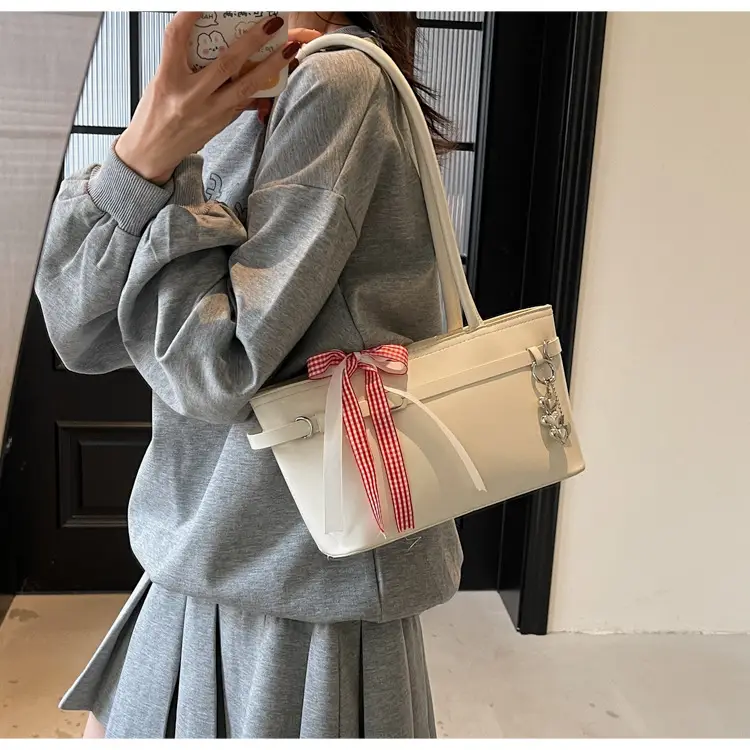 Women's Beige One-shoulder Handbag with Ribbon — feature 18