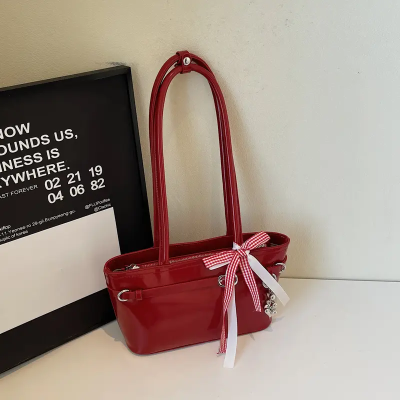 Women's Beige One-shoulder Handbag with Ribbon - Image 2