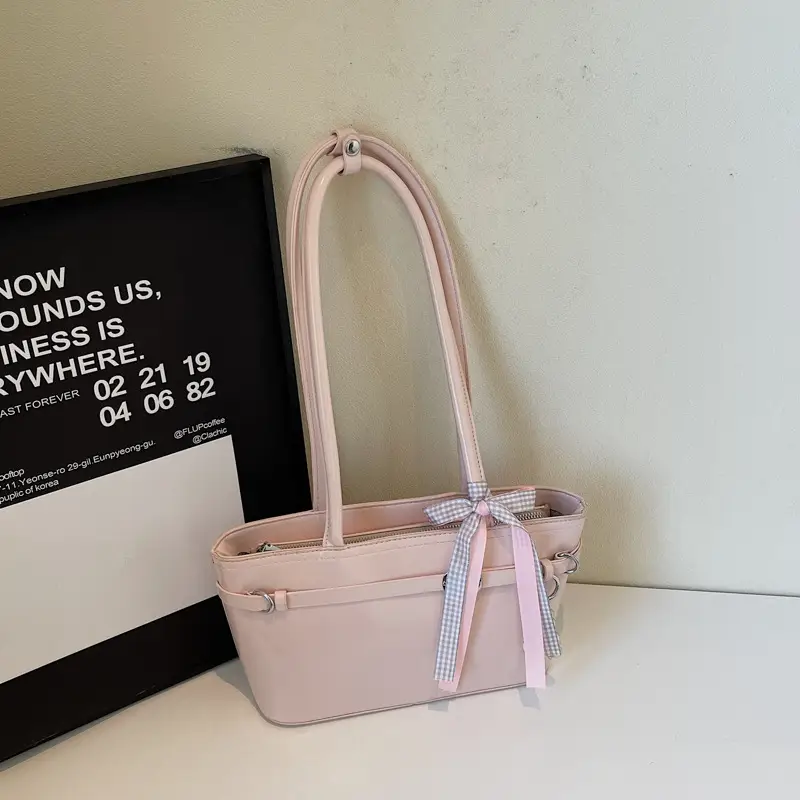 Women's Beige One-shoulder Handbag with Ribbon - Image 3